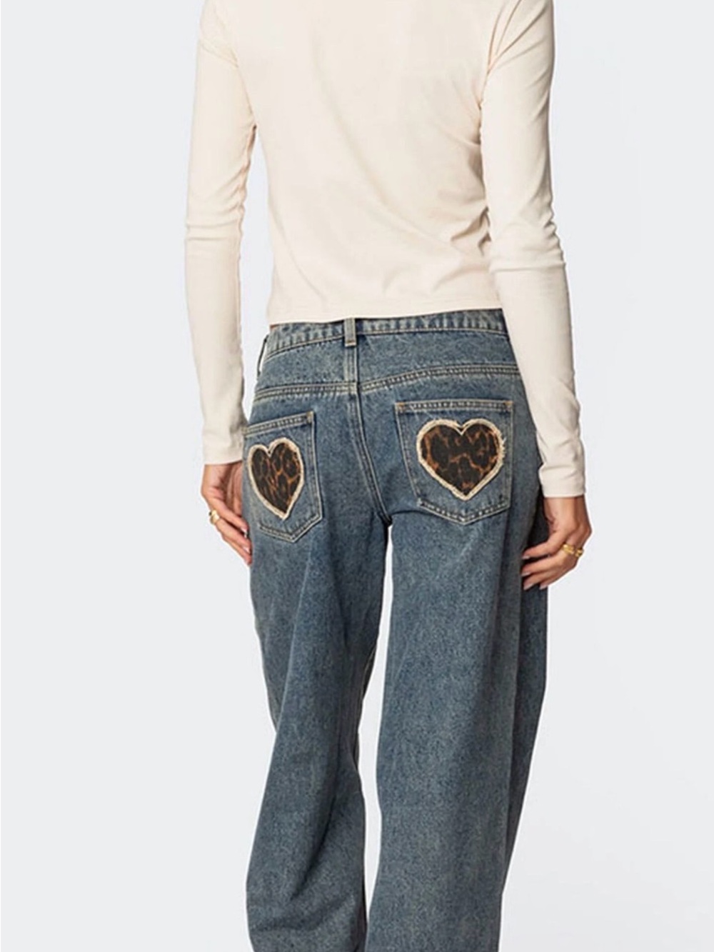 Edikted Blue Wide-Leg Jeans with Leopard Heart Back Patches